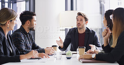 Buy stock photo Briefing, conversation and meeting with business people in office together for discussion or planning. Collaboration, speaking and update with employee group in boardroom for development workshop
