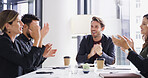 Business people, happy group and clapping in office to celebrate promotion, award or win. Team, success and applause for target with bonus, goal achievement or congratulations for great work results