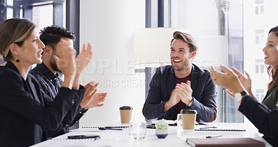Buy stock photo Business people, happy group and clapping in office to celebrate promotion, award or win. Team, success and applause for target with bonus, goal achievement or congratulations for great work results