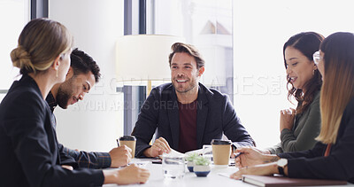 Buy stock photo Meeting, smile and teamwork with business people in office together for discussion or planning. Collaboration, happy and update with professional employee group in boardroom for development workshop