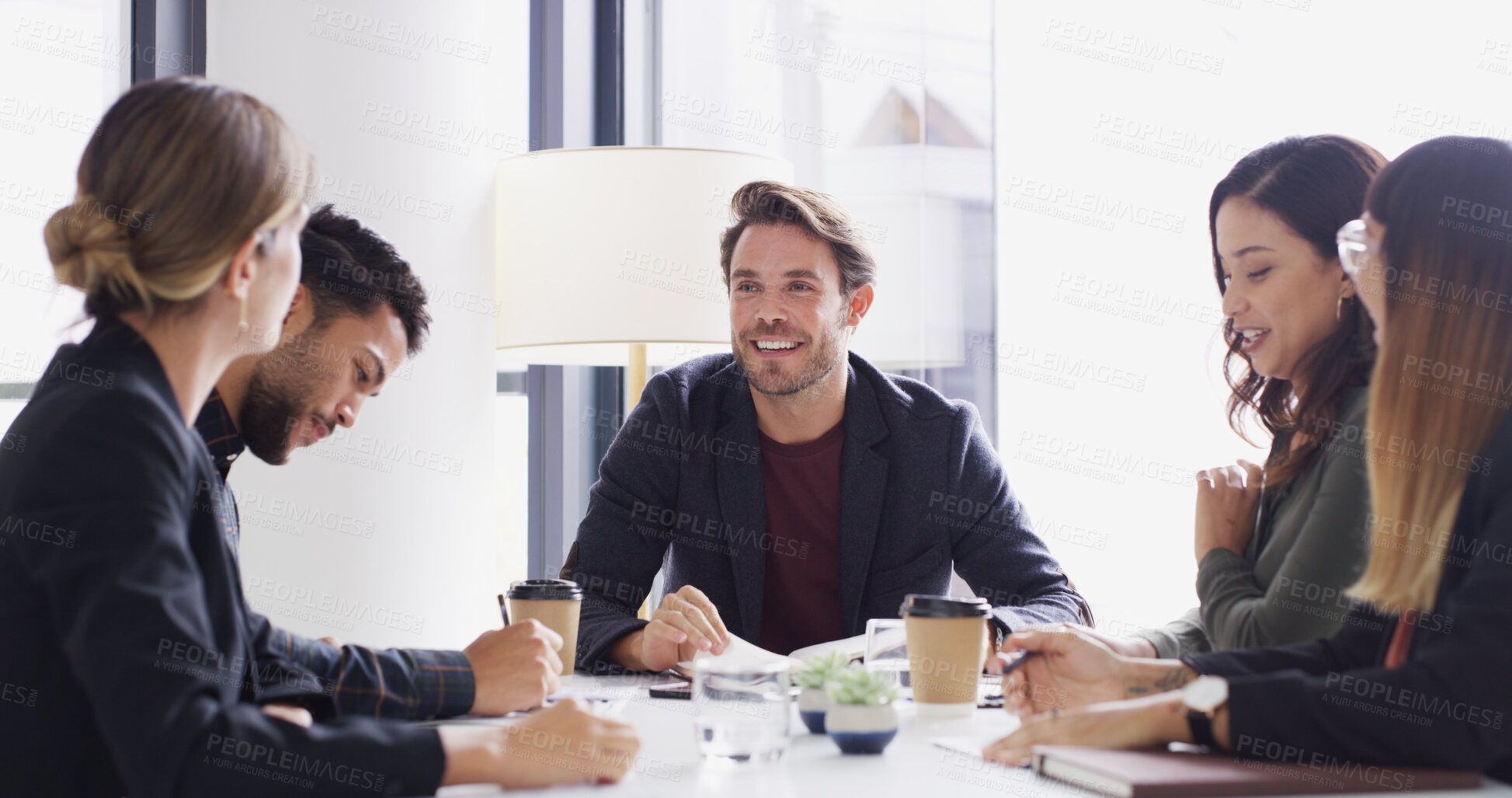 Buy stock photo Meeting, smile and teamwork with business people in office together for discussion or planning. Collaboration, happy and update with professional employee group in boardroom for development workshop