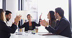 Clapping hands, celebration and business people in office with congratulations for job promotion. Happy, applause and team of financial managers cheering for collaboration achievement in workplace.