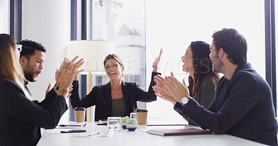 Buy stock photo Clapping hands, celebration and business people in office with congratulations for job promotion. Happy, applause and team of financial managers cheering for collaboration achievement in workplace.