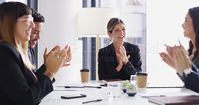 Buy stock photo Applause, happy and business people in office for celebration of achievement, good news or goal. Clapping hands, congratulations and team of financial advisors with manager cheering for job promotion