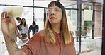 Woman, sticky note and planning by window at startup, insight or review for project management in office. Person, paper and mindmap with glass, idea or perspective with moodboard at creative agency