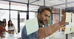 Glass wall, businessman and ideas in office for writing, strategy and brainstorming in agency. Sticky note, male person and creative writer with moodboard for information, solution and startup goal