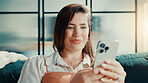 Phone, relax and weekend with woman on sofa in living room of home for break or internet browsing. App, social media and text message with person in apartment for communication, connection or search