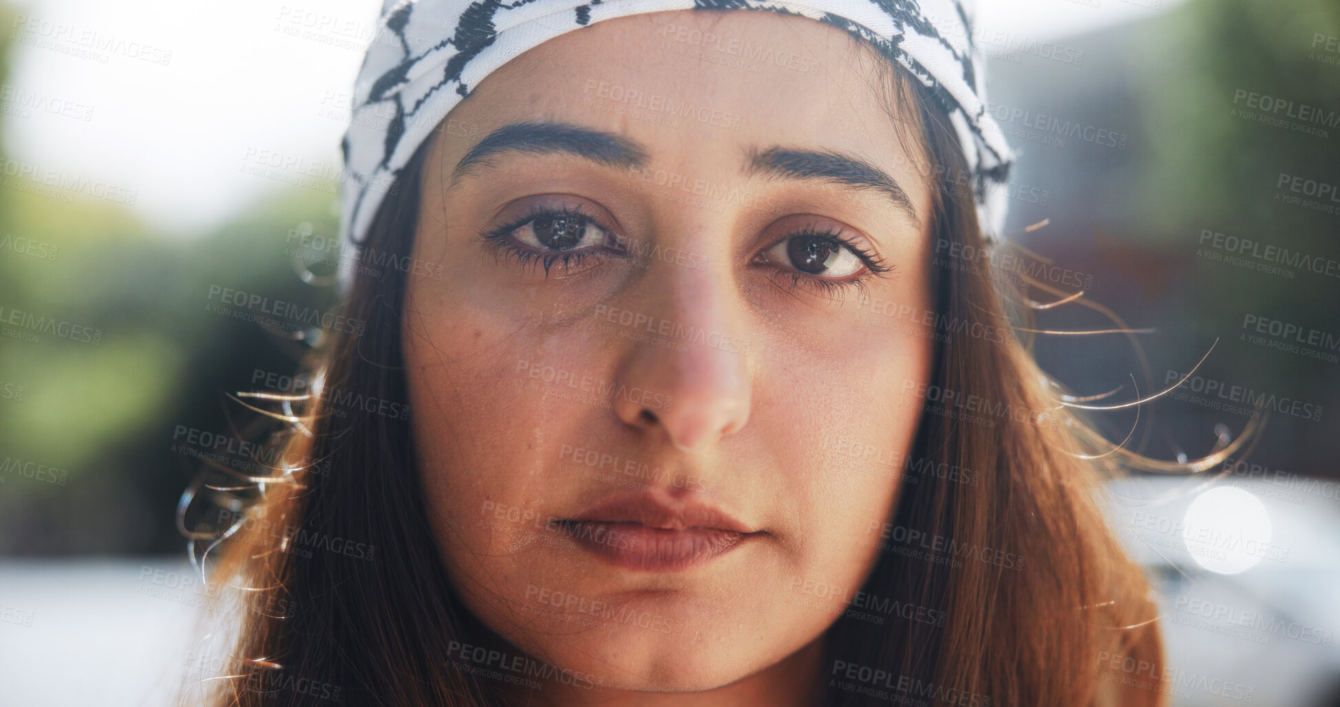 Buy stock photo Portrait, woman and pride with keffiyeh scarf for islamic culture, unity and traditional strike. Person, fabric and solidarity of Palestine resistance, political awareness and protest of Gaza freedom