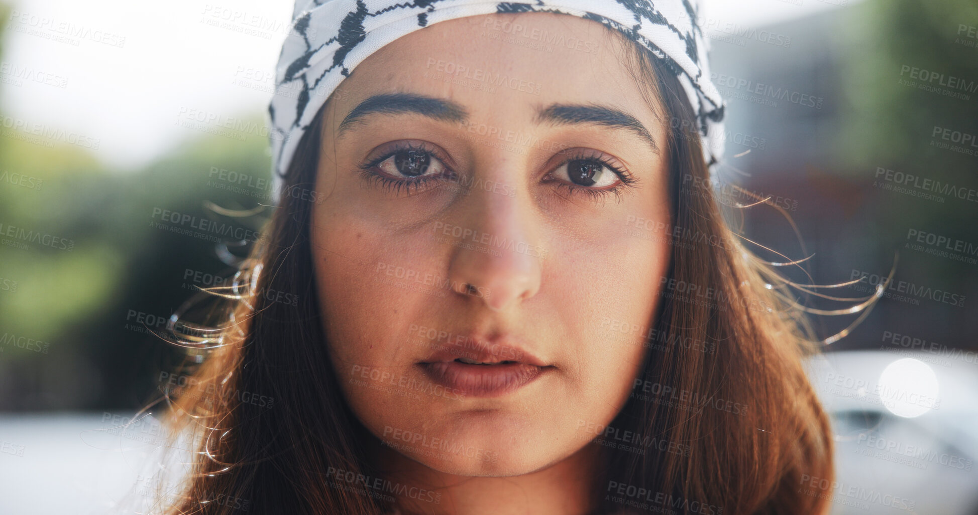 Buy stock photo Portrait, woman and outdoor with keffiyeh scarf for islamic culture, Eid Mubarak and traditional. Person, fabric and solidarity for Palestine resistance, political awareness and protest for freedom