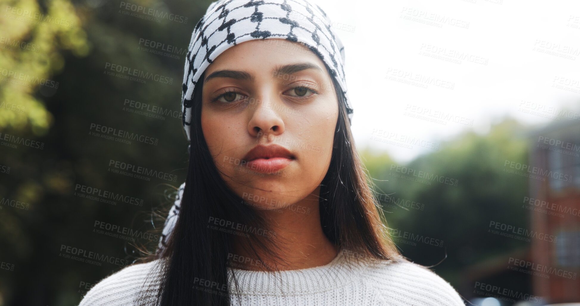 Buy stock photo Portrait, woman and keffiyeh scarf in city for islamic culture, Eid Mubarak and national identity. Person, fabric and solidarity for Palestine resistance, political awareness and protest for freedom