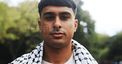 Buy stock photo Portrait, man and proud with keffiyeh scarf for islamic culture, Eid Mubarak and traditional. Person, fabric and solidarity for Palestine resistance, political awareness and protest for Gaza freedom
