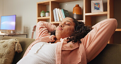 Buy stock photo Home, woman and arms for stretching to sleep, comfortable and resting with relaxation in apartment. House, female person and calm with daydreaming for peace, chilling and relieved on weekend on sofa