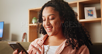 Buy stock photo Home, smile and woman with cellphone, chatting and relax with message to contact. Apartment, mobile user and happy person on sofa, smartphone or communication with internet, online game or connection