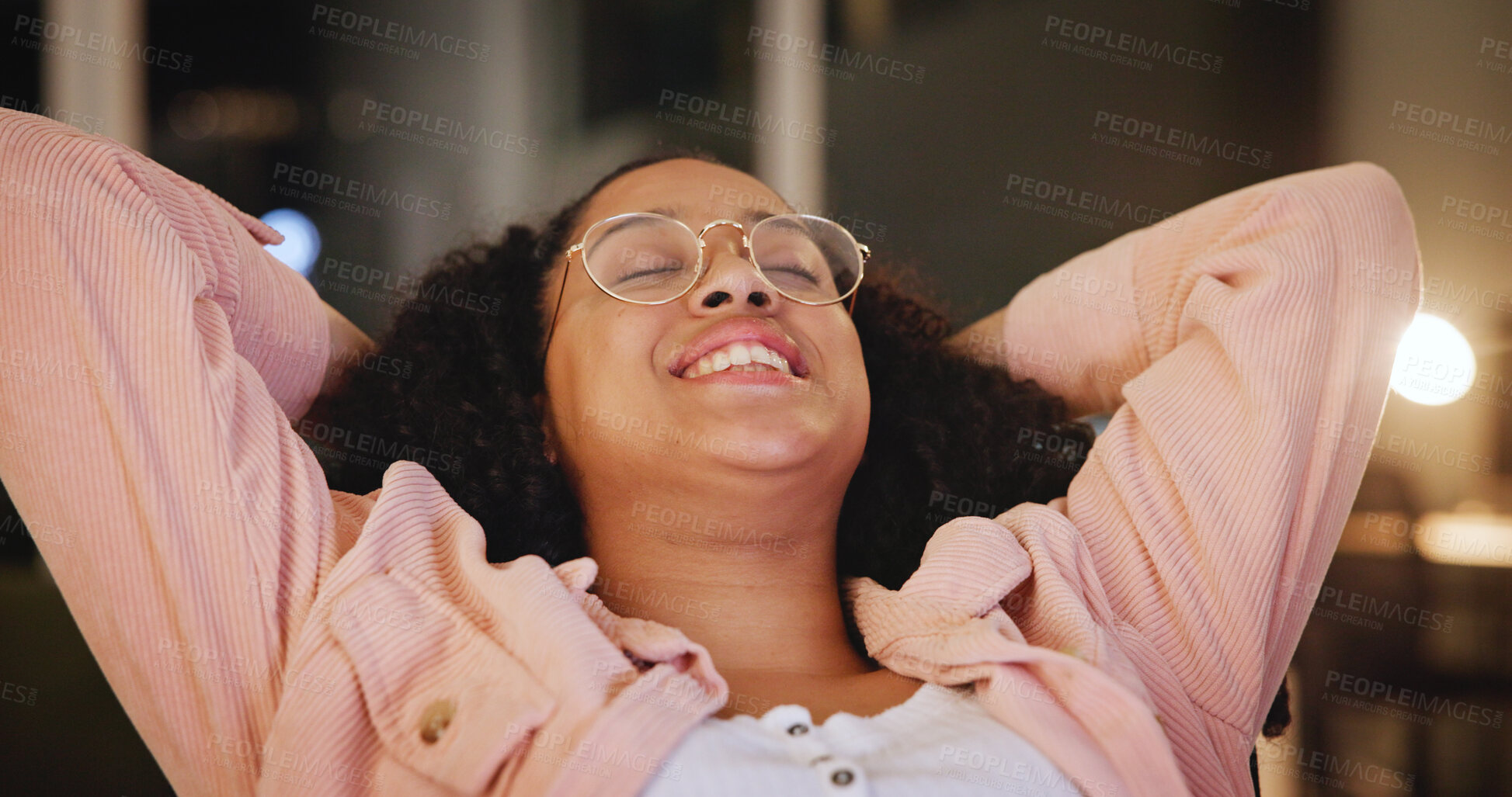 Buy stock photo Home, woman and arms for stretching to relax, comfortable and evening with happiness in apartment. House, female person and smile with daydreaming for peace, resting and relieved on weekend at night