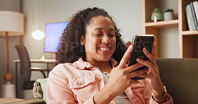 Buy stock photo Home, smile and woman with smartphone, funny meme and relax with message to contact. Apartment, mobile user or happy person on sofa, cellphone and online comedy with chatting or digital app for email