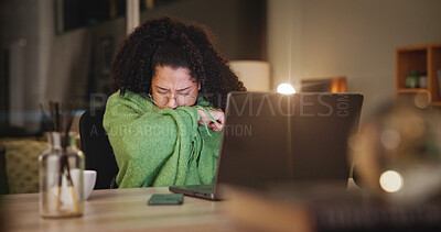 Buy stock photo Woman, cough and blanket by laptop in home, sick and study with e learning, video and education. Person, illness and sore throat with pc at night with online course, scholarship and flu in house