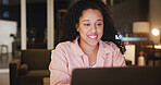 Night, laptop and happy woman in home office for remote work, reading and ghostwriter editing draft. Computer, overtime and freelancer with creative project for article publication, blog and research