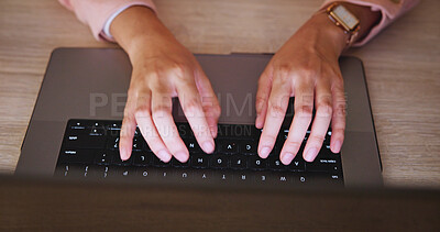 Buy stock photo Above, hands and person on laptop for education, research and studying for university exams. Student, typing and keyboard for thesis on online portal, information and scholarship application at house