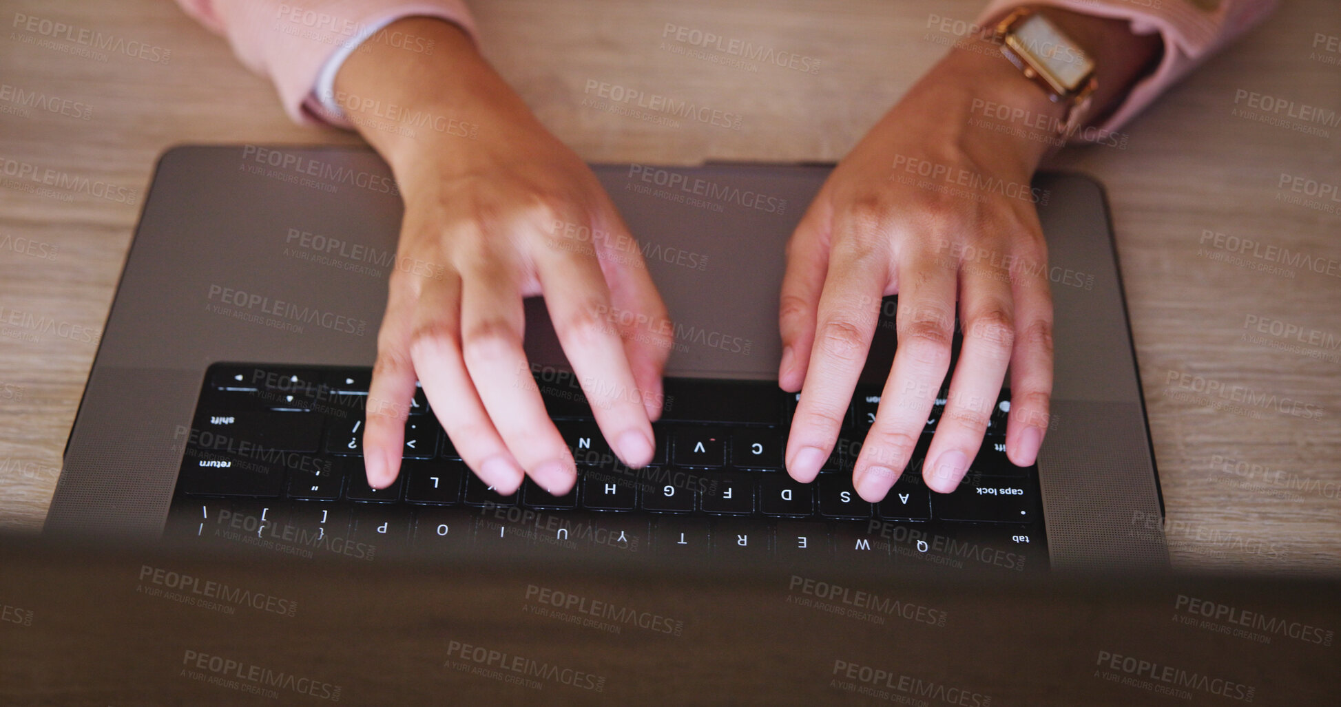 Buy stock photo Above, hands and person on laptop for education, research and studying for university exams. Student, typing and keyboard for thesis on online portal, information and scholarship application at house