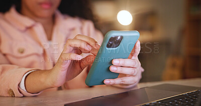 Buy stock photo Hands, woman and scroll with phone at house for communication, social media and chat to contact. Closeup, female person and mobile for browsing website, texting app and message of notification update