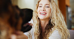 Happy, woman and affection for dog, home or love for german shepherd in living room or domestic pet. Bonding, owner and person with rescue animal in lounge, smile and care for canine with loyalty