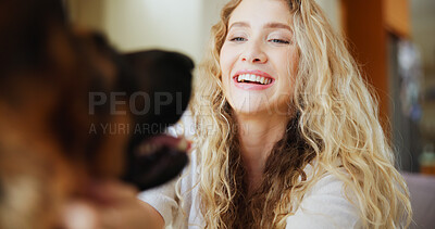 Buy stock photo Happy, woman and affection for dog, home or love for german shepherd in living room or domestic pet. Bonding, owner and person with rescue animal in lounge, smile and care for canine with loyalty