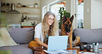 Laptop, typing and dog with woman on sofa for pet insurance research, premium benefits and planner. Animal policy cover, reading and application with person and german shepherd at home for vet claims