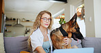 Laptop, reading and dog with woman on sofa for pet insurance research, premium benefits and planner. Animal policy cover, typing and application with person and german shepherd at home for vet claims