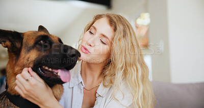Buy stock photo Home, woman and kiss for dog, petting and affection for german shepherd in lounge and rescue animal. Care, owner and person with domestic canine, bonding and love for furry companion in apartment