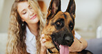 House, woman and adoption of dog, hug or love for german shepherd in living room, petting or canine. Owner, person or embrace with rescue animal in lounge, bonding or affection for domestic companion
