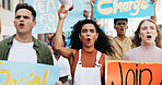 Group, shouting and people with poster in city for announcement, human rights or power. Speaker, revolution and crowd in protest with megaphone for rally, justice or freedom for change in government