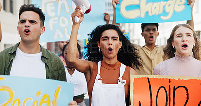 Buy stock photo Group, shouting and people with poster in city for announcement, human rights or power. Speaker, revolution and crowd in protest with megaphone for rally, justice or freedom for change in government