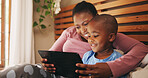 Relax, tablet or African mother with child in bedroom for watching cartoons, video or film. Happy, morning or black mom with kid, smile or technology for streaming series or movies together in home