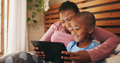 Buy stock photo Relax, tablet or African mother with child in bedroom for watching cartoons, video or film. Happy, morning or black mom with kid, smile or technology for streaming series or movies together in home