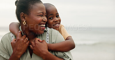 Buy stock photo Hug, mom and child on vacation, beach and happy for adventure on trip, laughing or family in nature. Summer holiday, outdoor and black person with son, together and bonding with kid on weekend