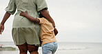 Black family, back and hug with child on beach for holiday, weekend or bonding together in nature. Mom, kid or son with embrace for love, childhood or vacation on ocean coast, sea or mockup space