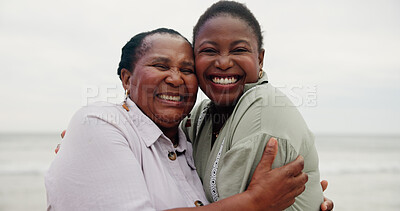 Buy stock photo Portrait, mother and daughter with hug by ocean for travel, sea holiday and getaway. Women, African family and embrace with mature mom for affection, beach vacation and bonding together for trip