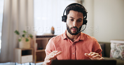 Buy stock photo Man, headset and laptop in home for remote work, virtual receptionist or assistant for help. Male person, call center and customer service hotline with agent, talk and explanation for support
