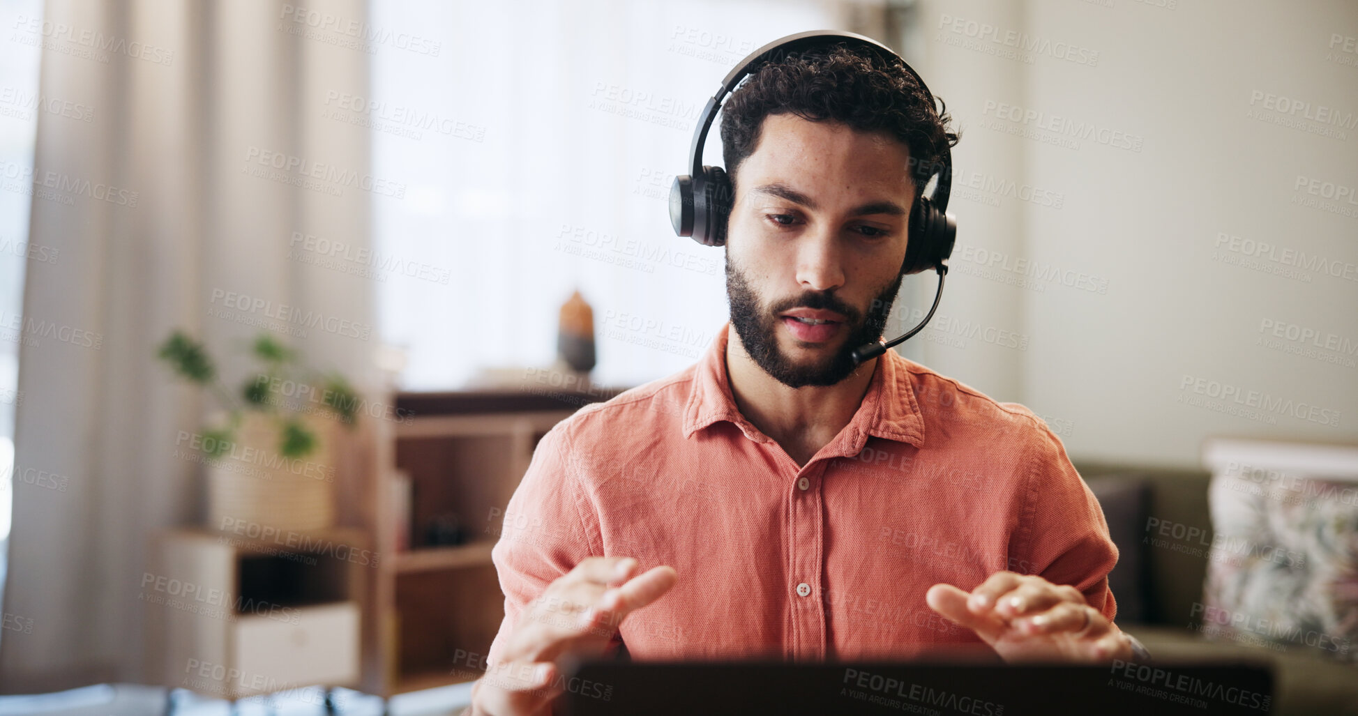 Buy stock photo Man, headset and laptop in home for remote work, virtual receptionist or assistant for help. Male person, call center and customer service hotline with agent, talk and explanation for support