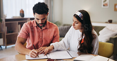 Buy stock photo Finance, sign paperwork or couple in home for loan application, savings or payment invoice for mortgage. Marriage, insurance forms and man with woman with documents, bills and financial expenses