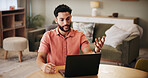 Laptop, video call and man in home with remote work for online meeting, webinar or communication. Computer, freelancer and male journalist on virtual workshop for creative project in apartment.