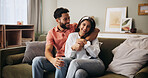 Hug, happy couple and laugh in living room with smile, bonding and weekend date in apartment. Embrace, man and woman with portrait in house for relationship, joy or joke in home lounge for break