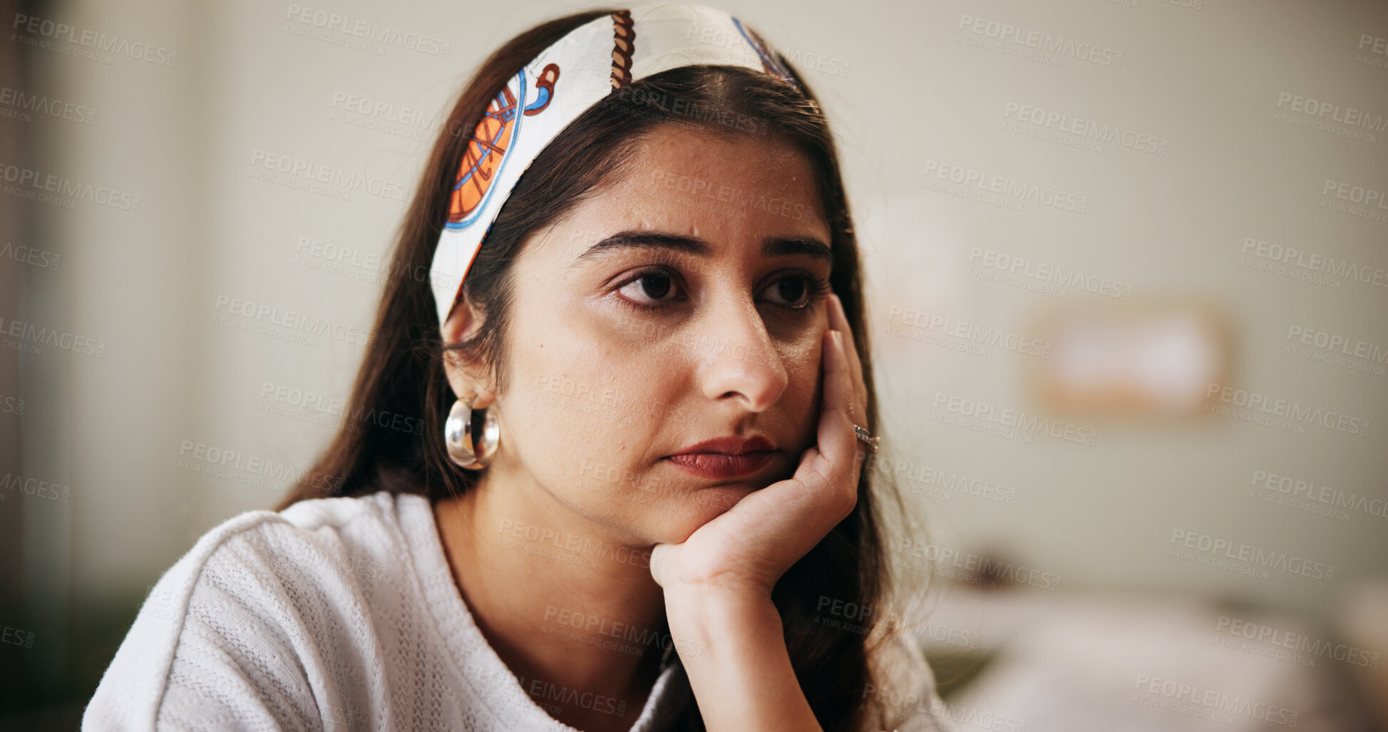Buy stock photo Bored, stress and thinking with woman in home with anxiety, exhausted or tired of loneliness. Fatigue, sad and unhappy person in lounge with depression, mental health crisis or reflection with worry