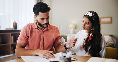 Buy stock photo Finance, documents and couple in home unsure for budget review, savings and payment mistake for mortgage. Marriage, confused and man with woman with paperwork, bills and financial expenses for taxes