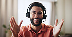 Video call, portrait and smile with man in home office for webinar, virtual conference and chat. Connection, remote work and online meeting with person and headset for communication and network