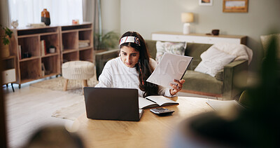Buy stock photo Research, remote work or woman on laptop with documents for article, review or newsletter. Freelancer, proofreading or copywriter in home with notebook for blog post, online project or web feedback