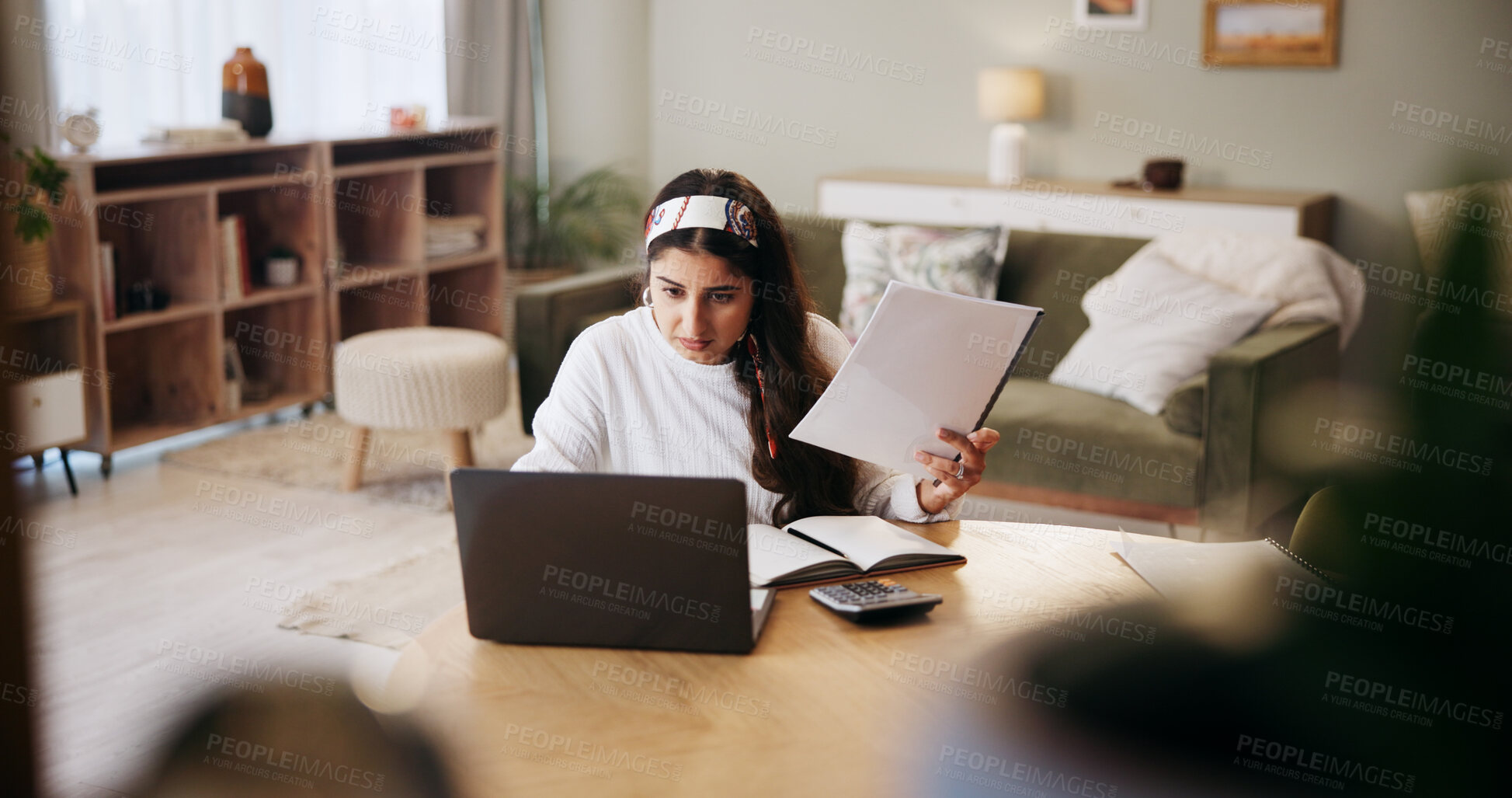 Buy stock photo Research, remote work or woman on laptop with documents for article, review or newsletter. Freelancer, proofreading or copywriter in home with notebook for blog post, online project or web feedback