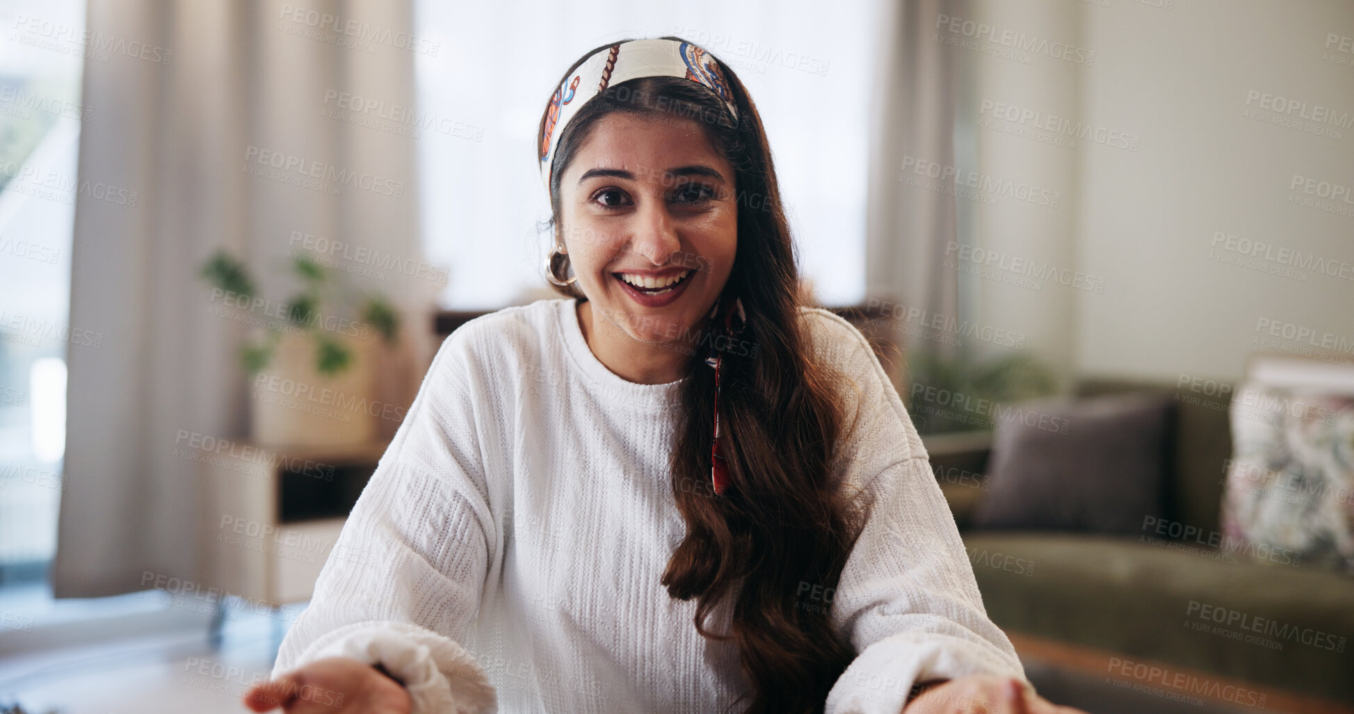 Buy stock photo Home, woman and portrait with video call for discussion, counseling or therapist for remote work. Freelancer, female person and consultant with smile for communication, virtual session and telehealth