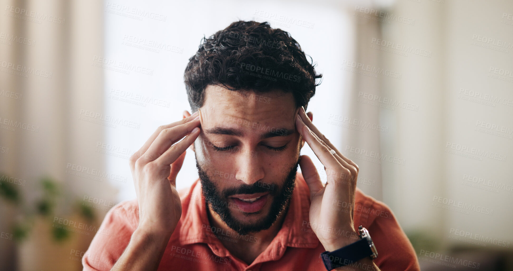 Buy stock photo Man, pain and headache with stress, anxiety or depression in debt, mistake or financial crisis in home. Tired, male person and frustrated with migraine, pressure or strain in bankruptcy at house