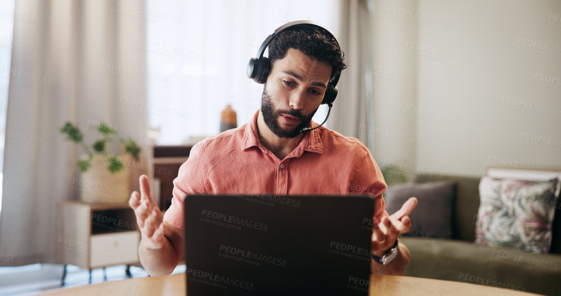Buy stock photo Man, headset and laptop for remote work, virtual assistant or consultant for help in home. Male person, call center and customer service hotline with agent, talk and explanation for support webinar